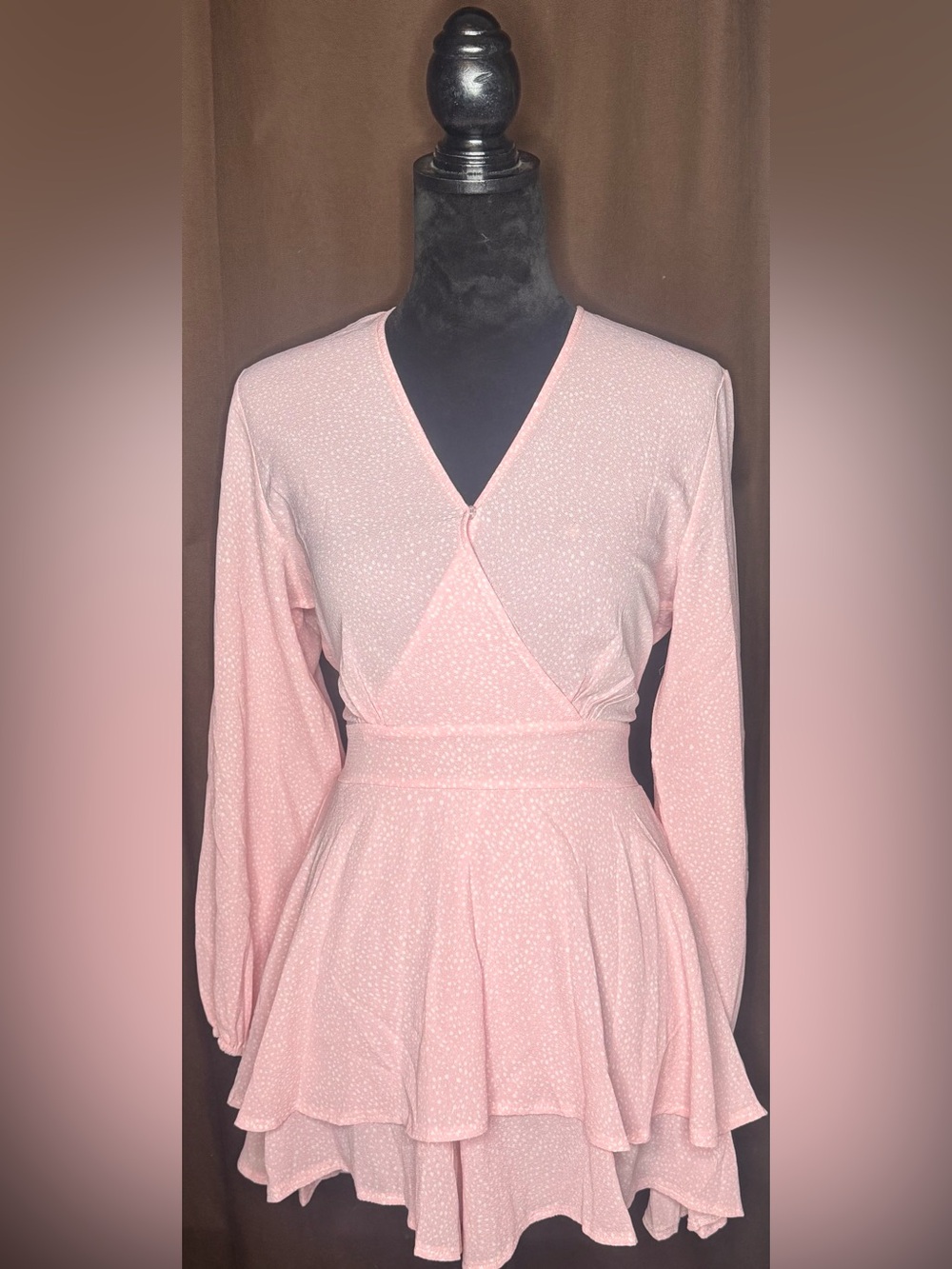 Long-Sleeve Soft Pink Wrap-Style Midi Dress